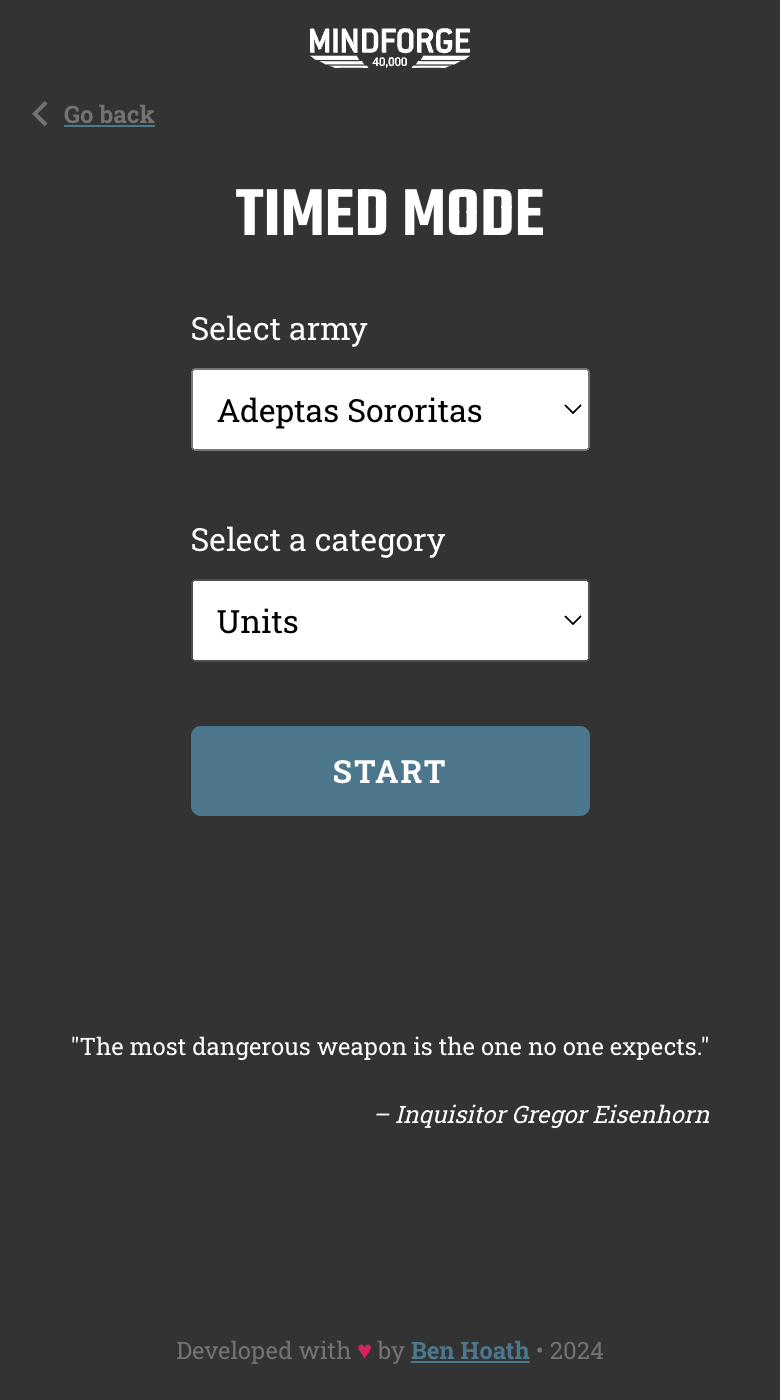 Game setup: Choose an army and category
